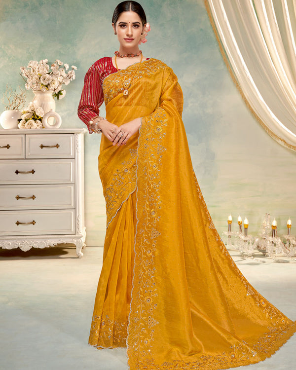 Vishal Prints Golden Yellow Designer Tissue Organza Saree With Embroidery-Diamond Work And Cut Work Border