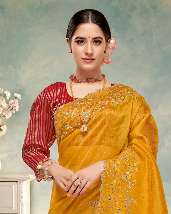 Vishal Prints Golden Yellow Designer Tissue Organza Saree With Embroidery-Diamond Work And Cut Work Border