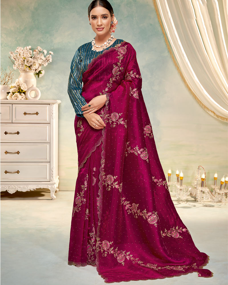 Vishal Prints Red Purple Designer Tissue Organza Saree With Embroidery-Diamond Work And Cut Work Border