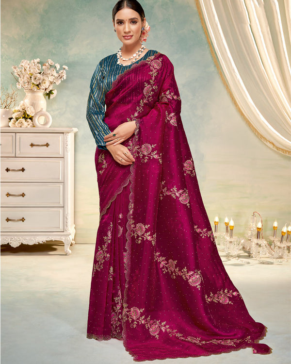 Vishal Prints Red Purple Designer Tissue Organza Saree With Embroidery-Diamond Work And Cut Work Border