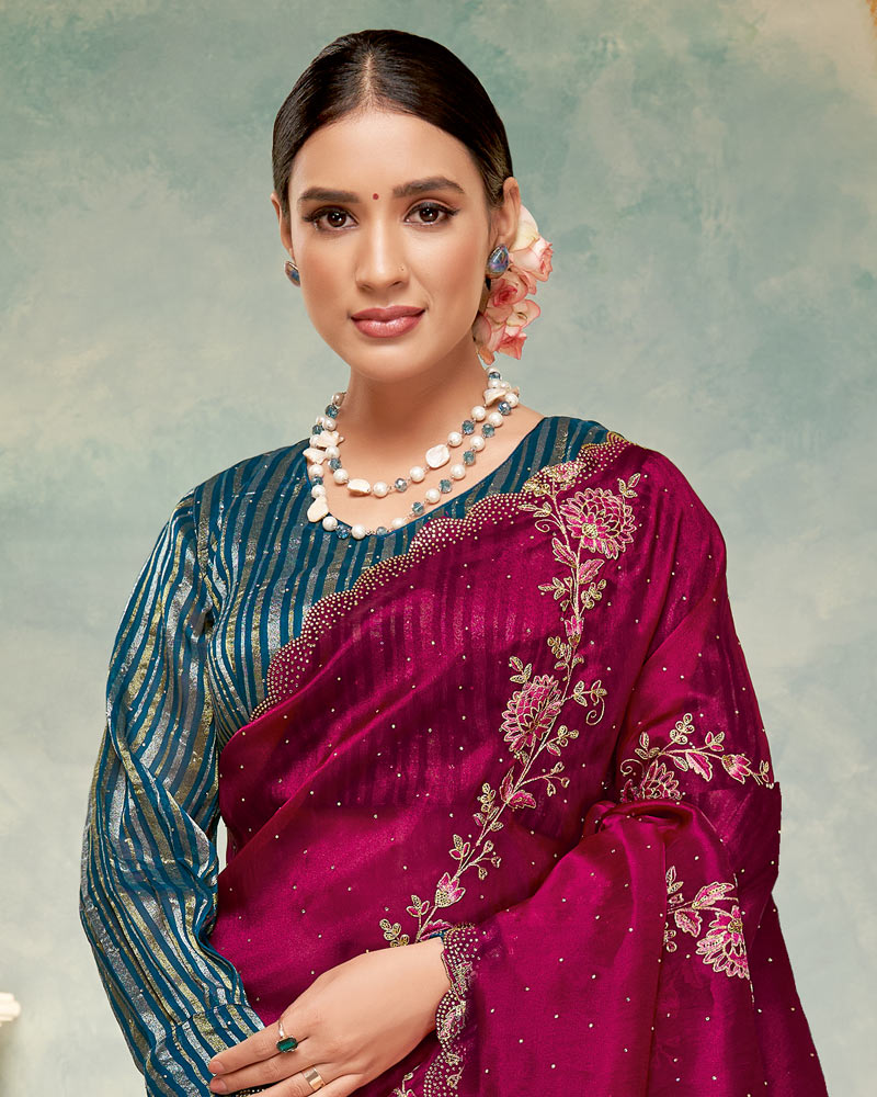 Vishal Prints Red Purple Designer Tissue Organza Saree With Embroidery-Diamond Work And Cut Work Border