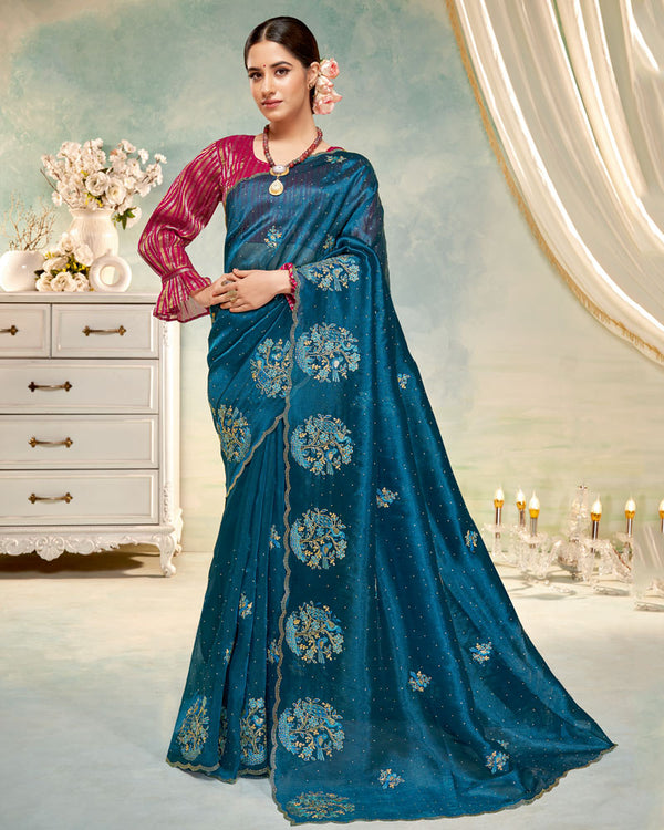 Vishal Prints Peacock Blue Designer Tissue Organza Saree With Embroidery-Diamond Work And Cut Work Border