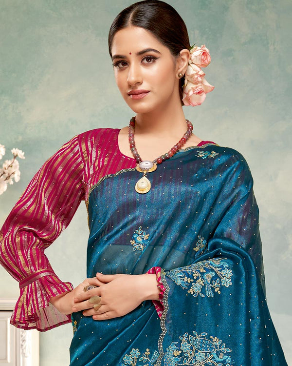 Vishal Prints Peacock Blue Designer Tissue Organza Saree With Embroidery-Diamond Work And Cut Work Border