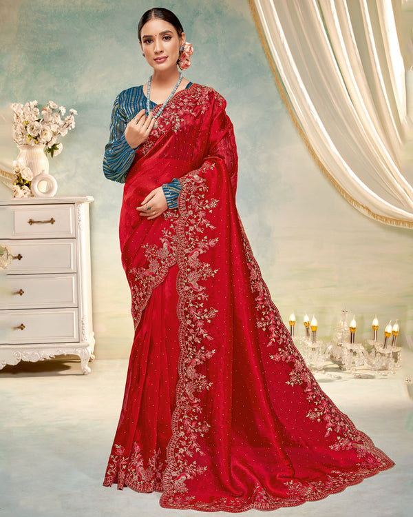 Vishal Prints Venetian Red Designer Tissue Organza Saree With Embroidery-Diamond Work And Cut Work Border