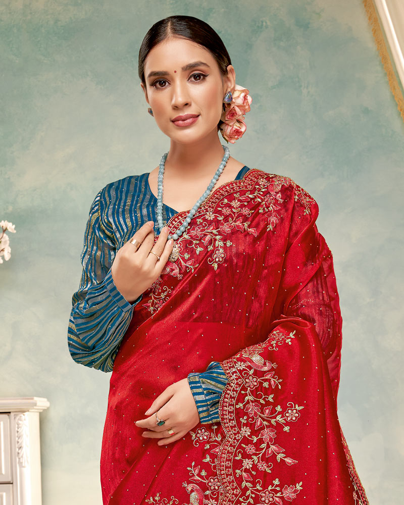 Vishal Prints Venetian Red Designer Tissue Organza Saree With Embroidery-Diamond Work And Cut Work Border