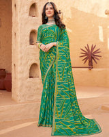Vishal Prints Persian Green Printed Chiffon-Brasso Saree With Zari Border