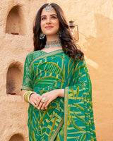 Vishal Prints Persian Green Printed Chiffon-Brasso Saree With Zari Border