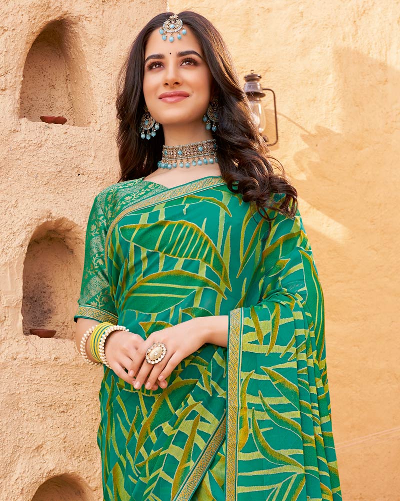 Vishal Prints Persian Green Printed Chiffon-Brasso Saree With Zari Border