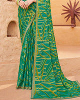 Vishal Prints Persian Green Printed Chiffon-Brasso Saree With Zari Border