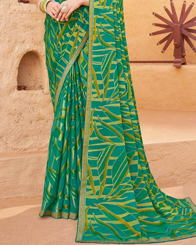 Vishal Prints Persian Green Printed Chiffon-Brasso Saree With Zari Border
