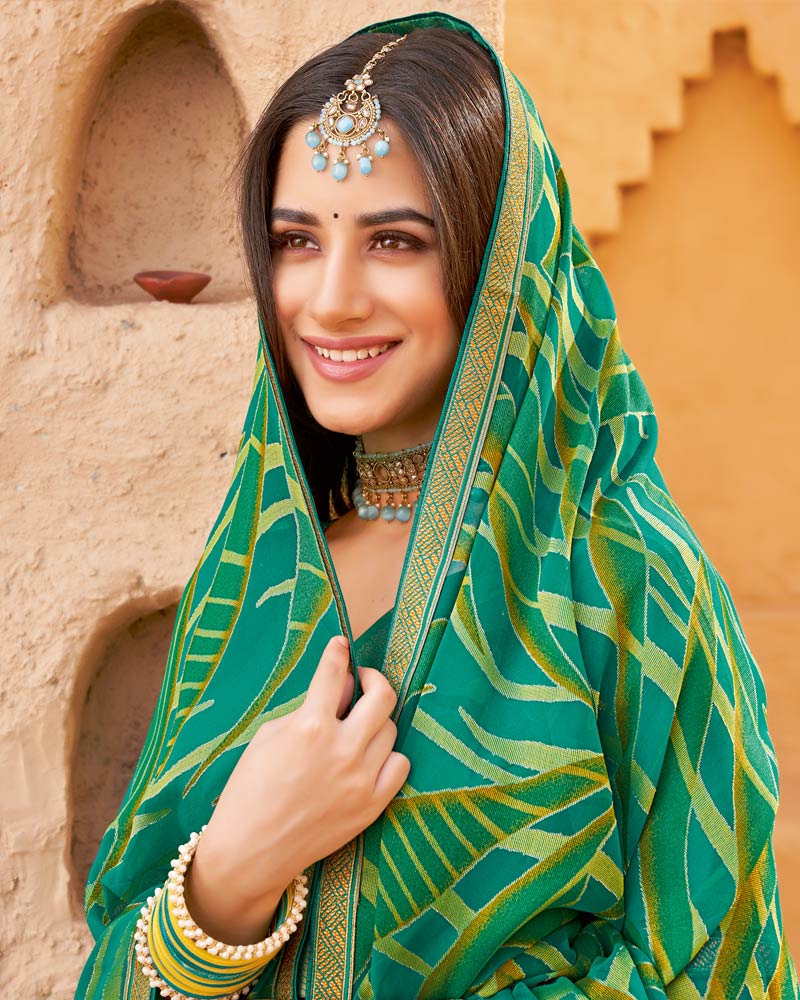 Vishal Prints Persian Green Printed Chiffon-Brasso Saree With Zari Border