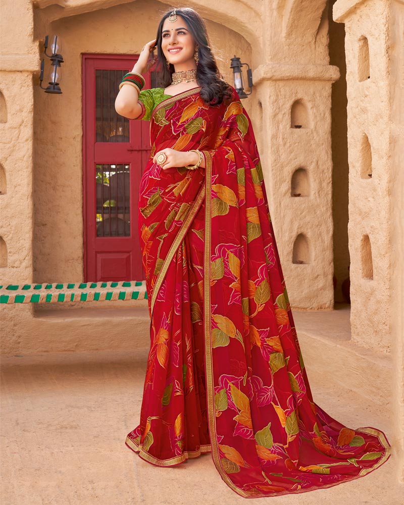 Vishal Prints Shiraz Red Printed Chiffon-Brasso Saree With Zari Border