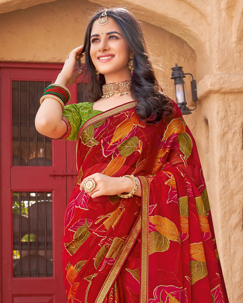 Vishal Prints Shiraz Red Printed Chiffon-Brasso Saree With Zari Border