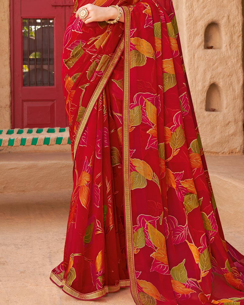 Vishal Prints Shiraz Red Printed Chiffon-Brasso Saree With Zari Border