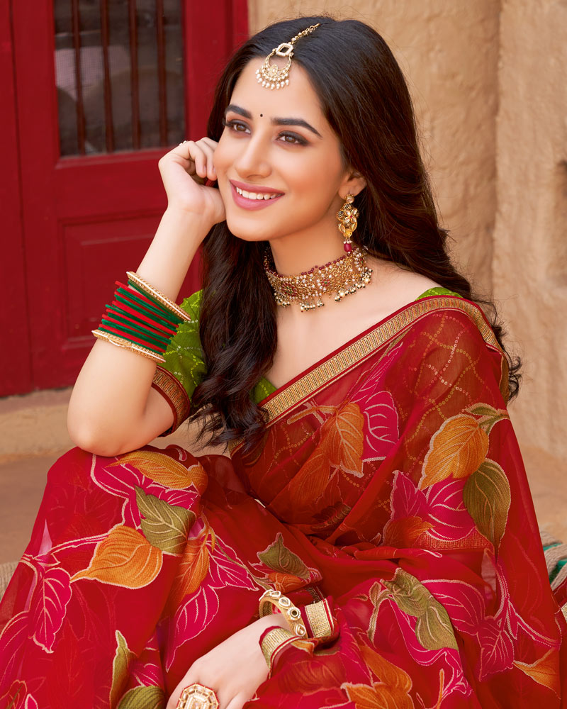 Vishal Prints Shiraz Red Printed Chiffon-Brasso Saree With Zari Border