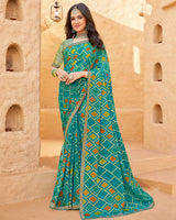 Vishal Prints Deep Aqua Green Printed Chiffon-Brasso Saree With Zari Border