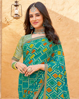 Vishal Prints Deep Aqua Green Printed Chiffon-Brasso Saree With Zari Border
