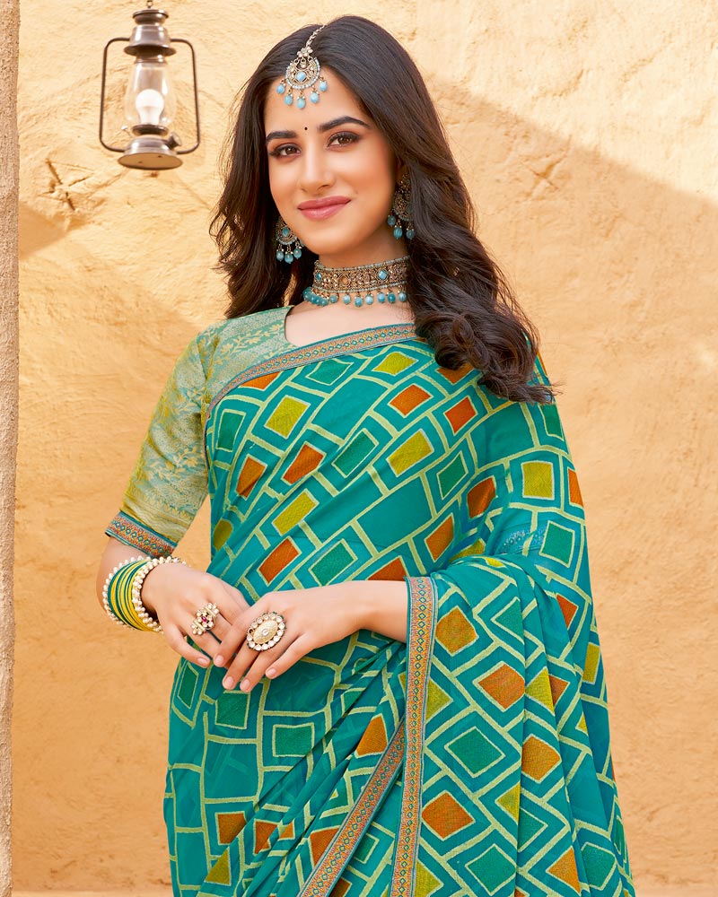 Vishal Prints Deep Aqua Green Printed Chiffon-Brasso Saree With Zari Border