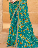 Vishal Prints Deep Aqua Green Printed Chiffon-Brasso Saree With Zari Border