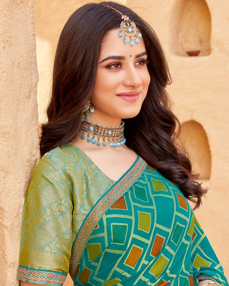 Vishal Prints Deep Aqua Green Printed Chiffon-Brasso Saree With Zari Border