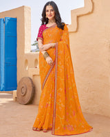 Vishal Prints Pumpkin Orange Printed Chiffon-Brasso Saree With Zari Border