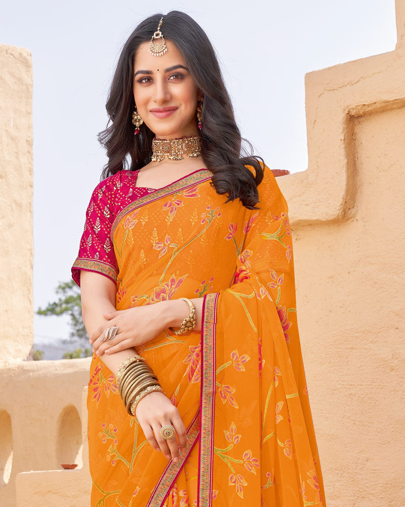 Vishal Prints Pumpkin Orange Printed Chiffon-Brasso Saree With Zari Border