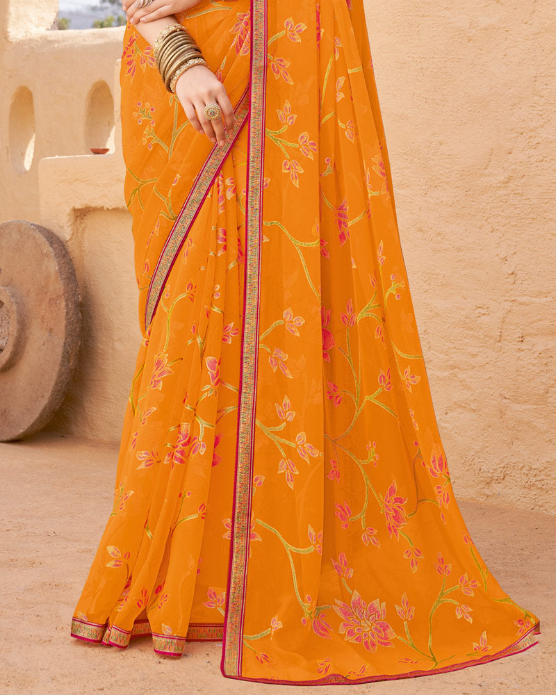 Vishal Prints Pumpkin Orange Printed Chiffon-Brasso Saree With Zari Border