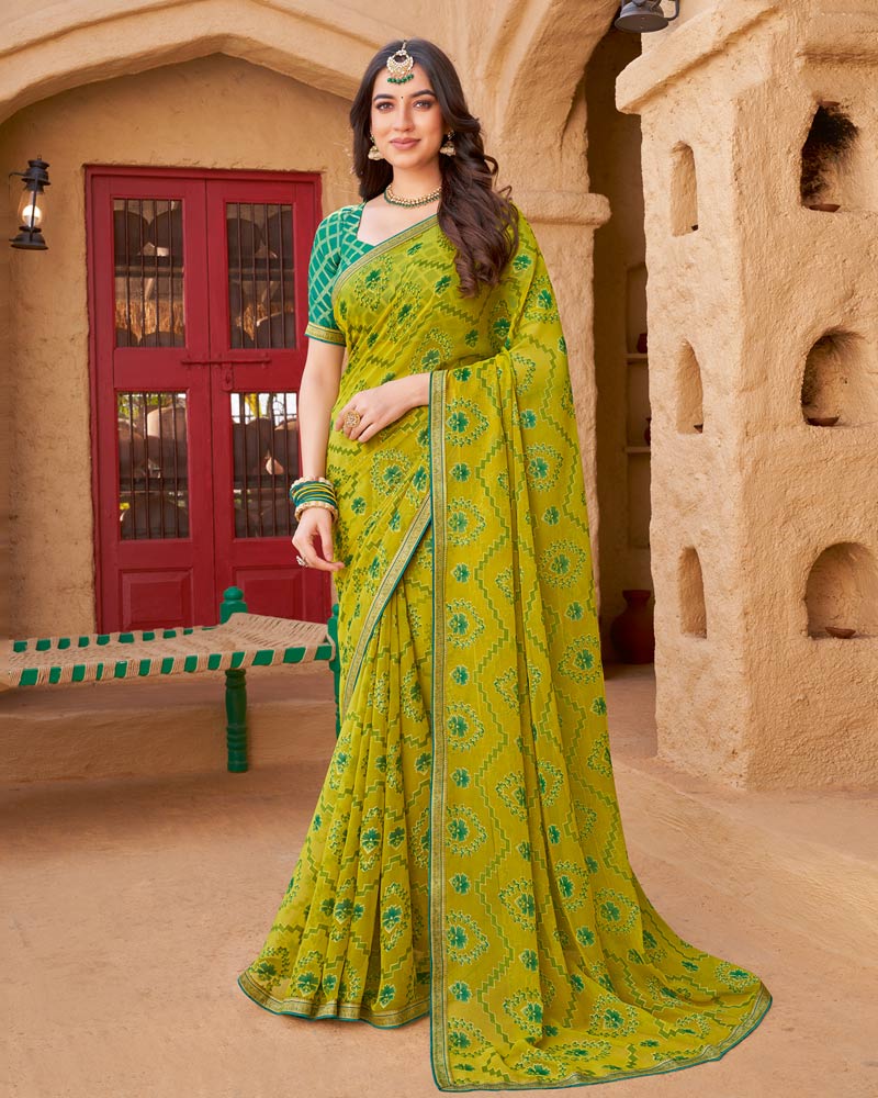 Vishal Prints Yellow Ochre Printed Chiffon-Brasso Saree With Zari Border