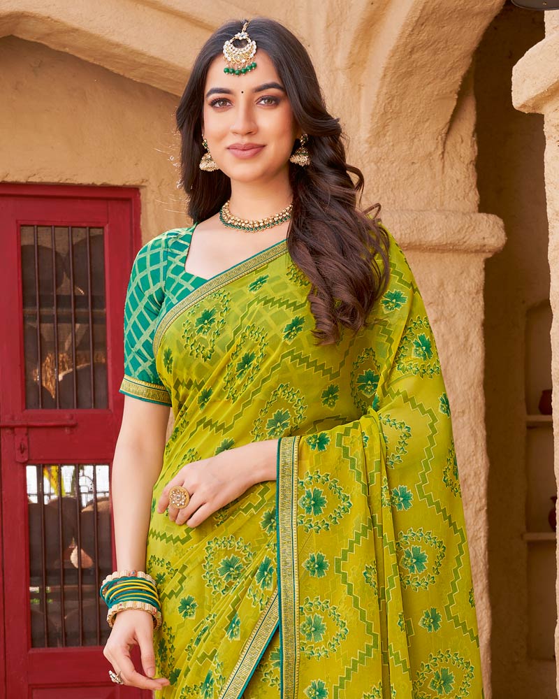 Vishal Prints Yellow Ochre Printed Chiffon-Brasso Saree With Zari Border