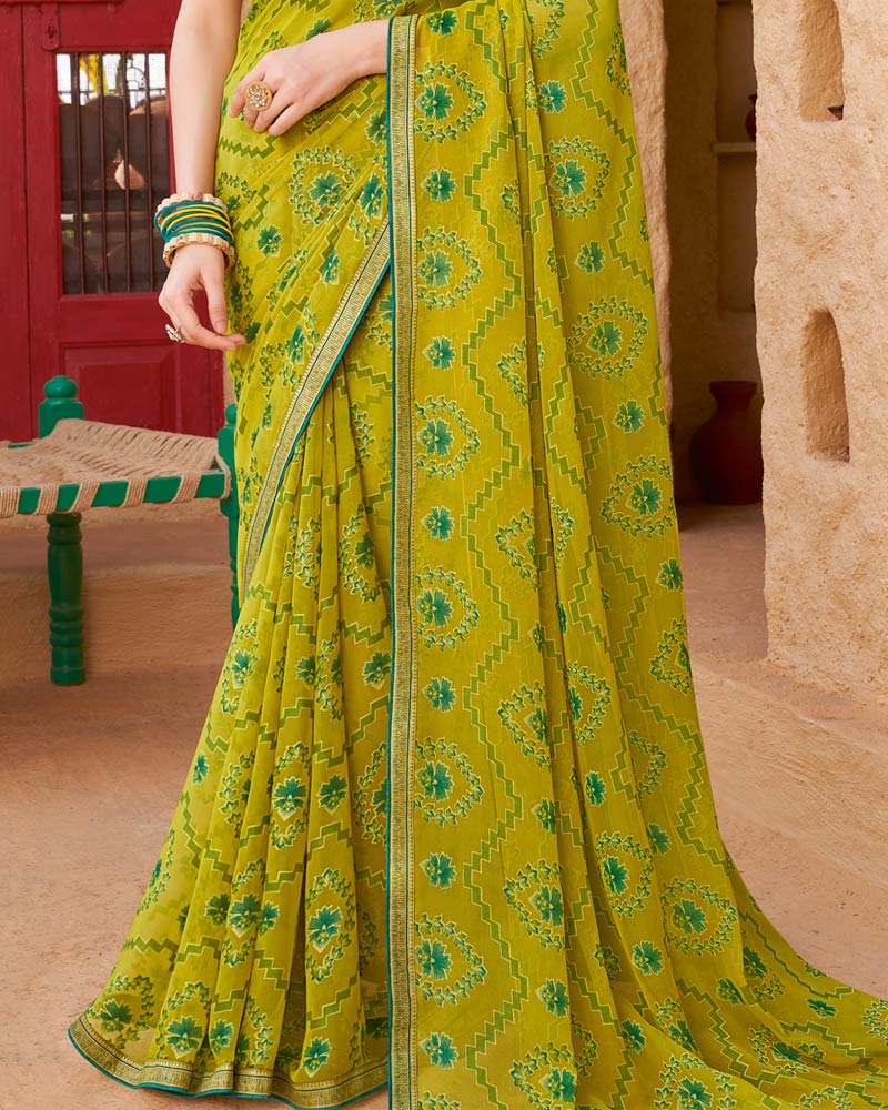Vishal Prints Yellow Ochre Printed Chiffon-Brasso Saree With Zari Border