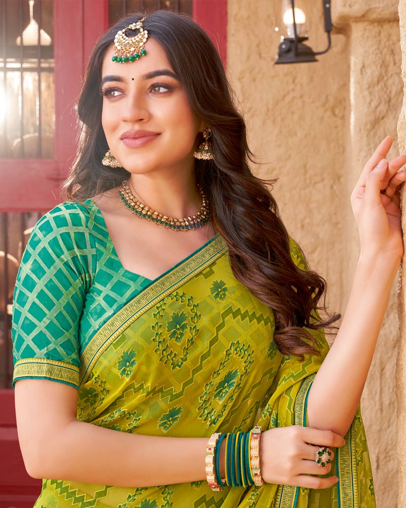 Vishal Prints Yellow Ochre Printed Chiffon-Brasso Saree With Zari Border