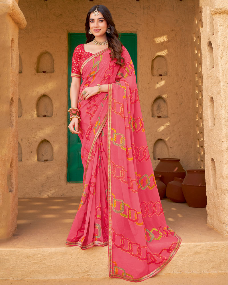 Vishal Prints Warm Pink Printed Chiffon-Brasso Saree With Zari Border