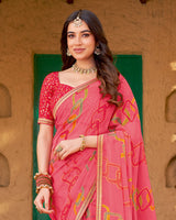 Vishal Prints Warm Pink Printed Chiffon-Brasso Saree With Zari Border
