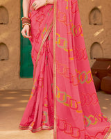 Vishal Prints Warm Pink Printed Chiffon-Brasso Saree With Zari Border