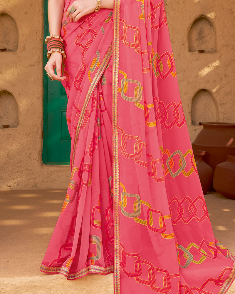 Vishal Prints Warm Pink Printed Chiffon-Brasso Saree With Zari Border