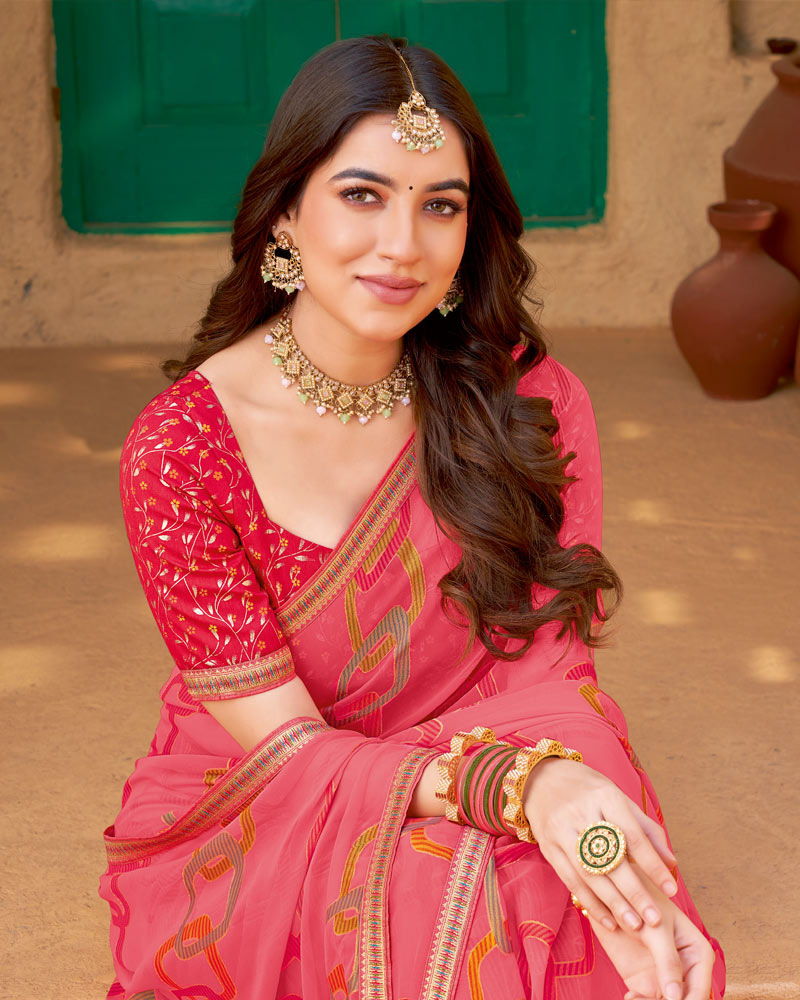 Vishal Prints Warm Pink Printed Chiffon-Brasso Saree With Zari Border