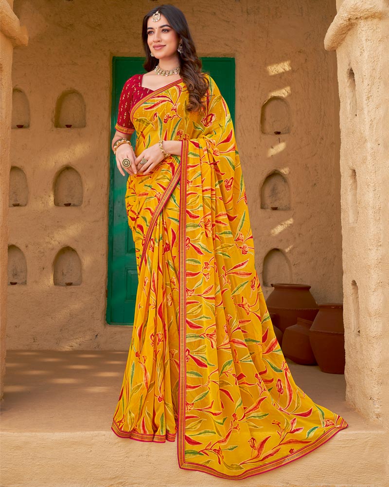 Vishal Prints Yellow Orange Printed Chiffon-Brasso Saree With Zari Border