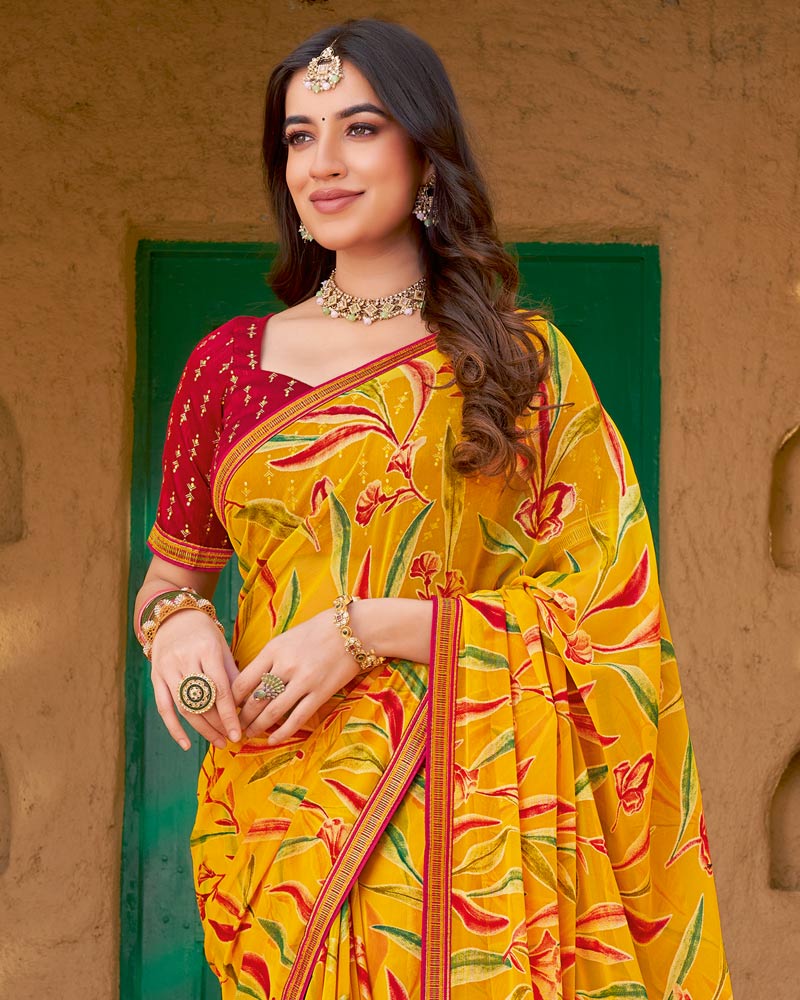 Vishal Prints Yellow Orange Printed Chiffon-Brasso Saree With Zari Border