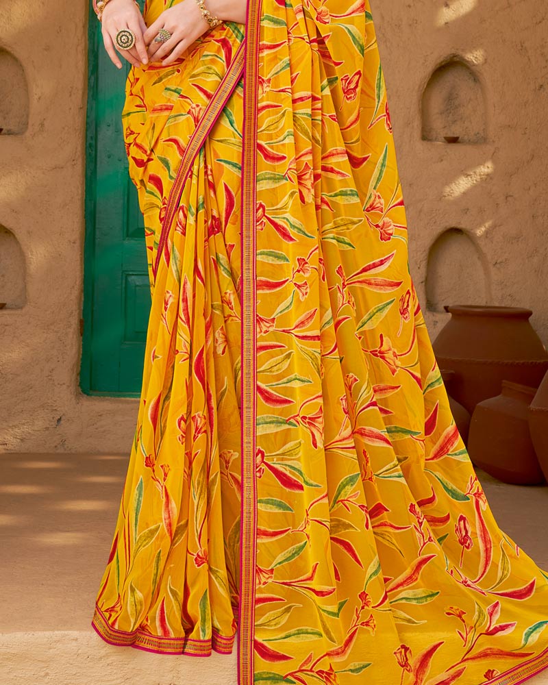 Vishal Prints Yellow Orange Printed Chiffon-Brasso Saree With Zari Border