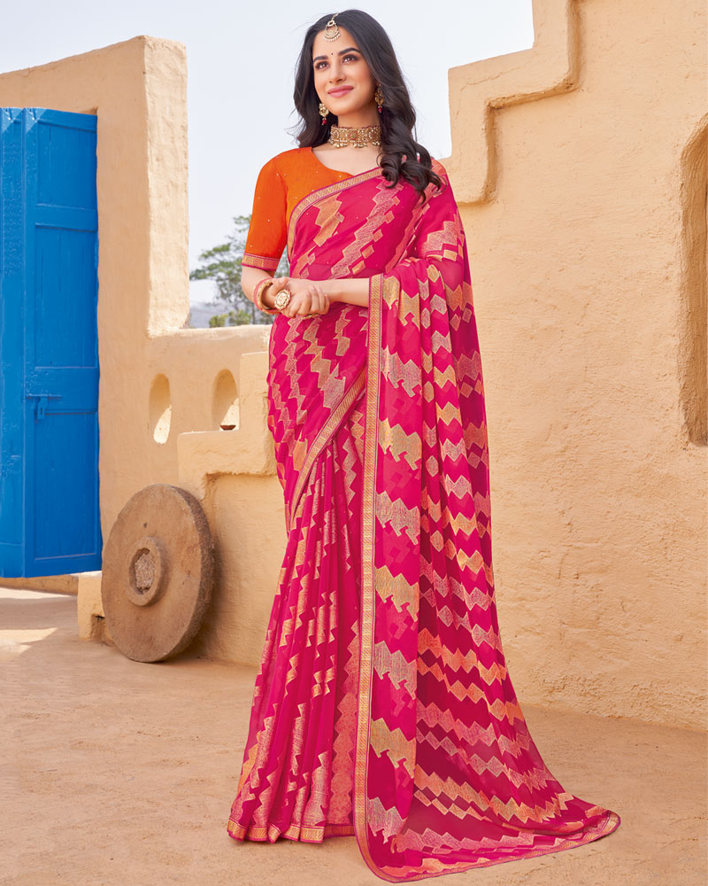 Vishal Prints Deep Rose Pink Printed Chiffon-Brasso Saree With Zari Border