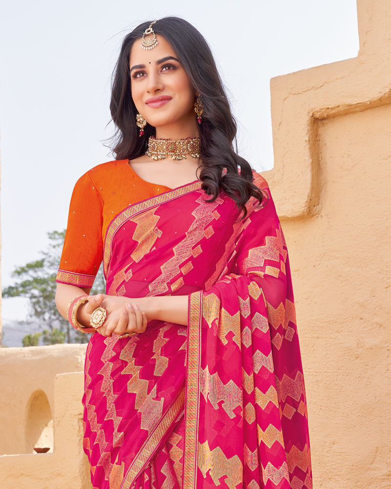 Vishal Prints Deep Rose Pink Printed Chiffon-Brasso Saree With Zari Border