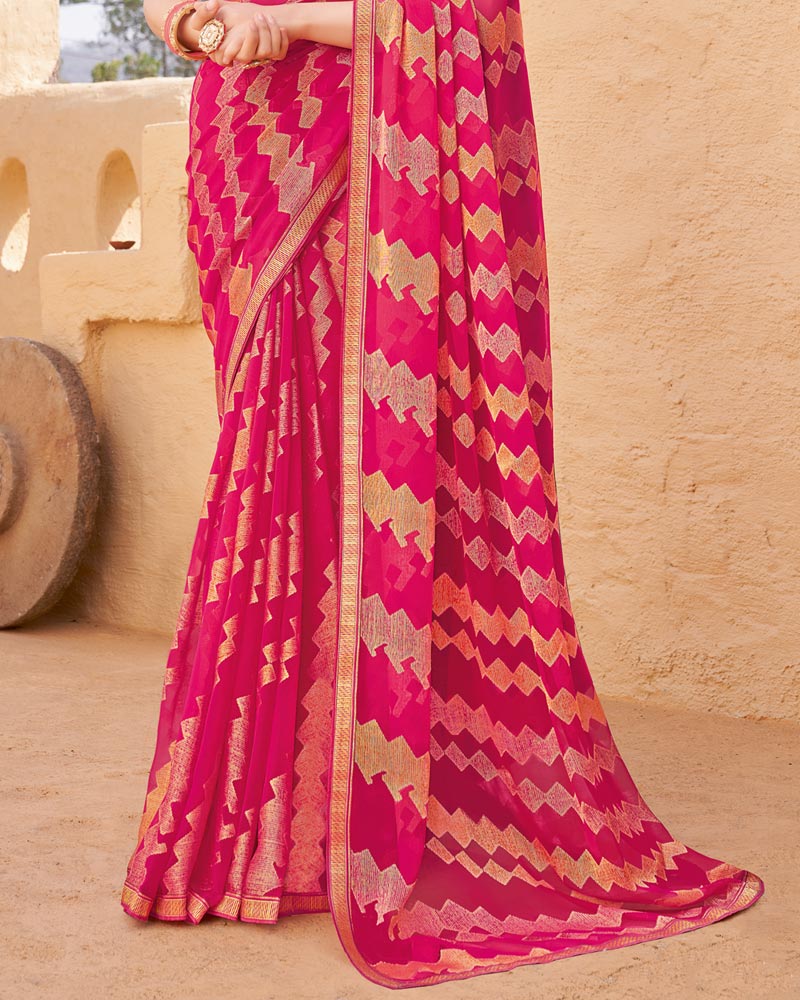 Vishal Prints Deep Rose Pink Printed Chiffon-Brasso Saree With Zari Border
