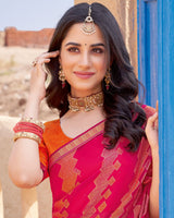 Vishal Prints Deep Rose Pink Printed Chiffon-Brasso Saree With Zari Border