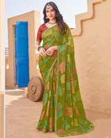 Vishal Prints Dark Olive Green Printed Chiffon-Brasso Saree With Zari Border