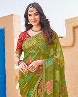 Vishal Prints Dark Olive Green Printed Chiffon-Brasso Saree With Zari Border