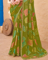 Vishal Prints Dark Olive Green Printed Chiffon-Brasso Saree With Zari Border