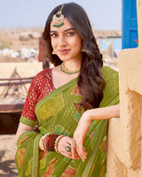 Vishal Prints Dark Olive Green Printed Chiffon-Brasso Saree With Zari Border