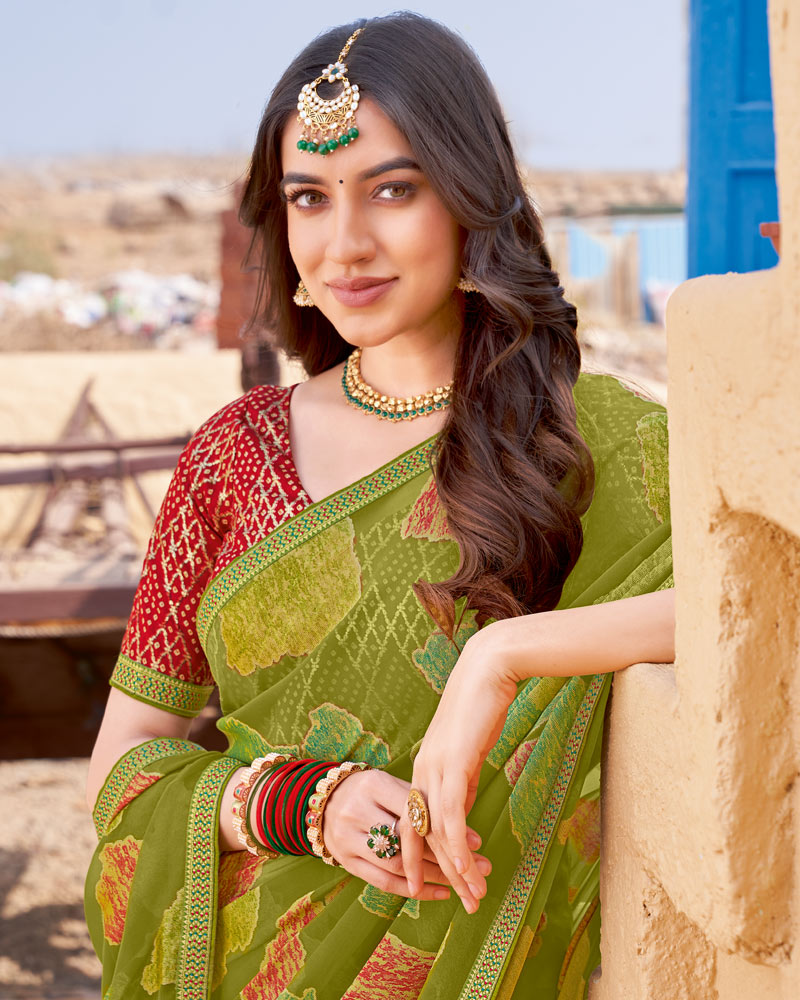 Vishal Prints Dark Olive Green Printed Chiffon-Brasso Saree With Zari Border