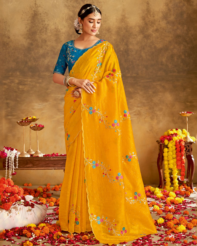 Vishal Prints Mustard Yellow Designer Crushed Tissue Saree With Embroidery-Diamond Work And Cut Work Border