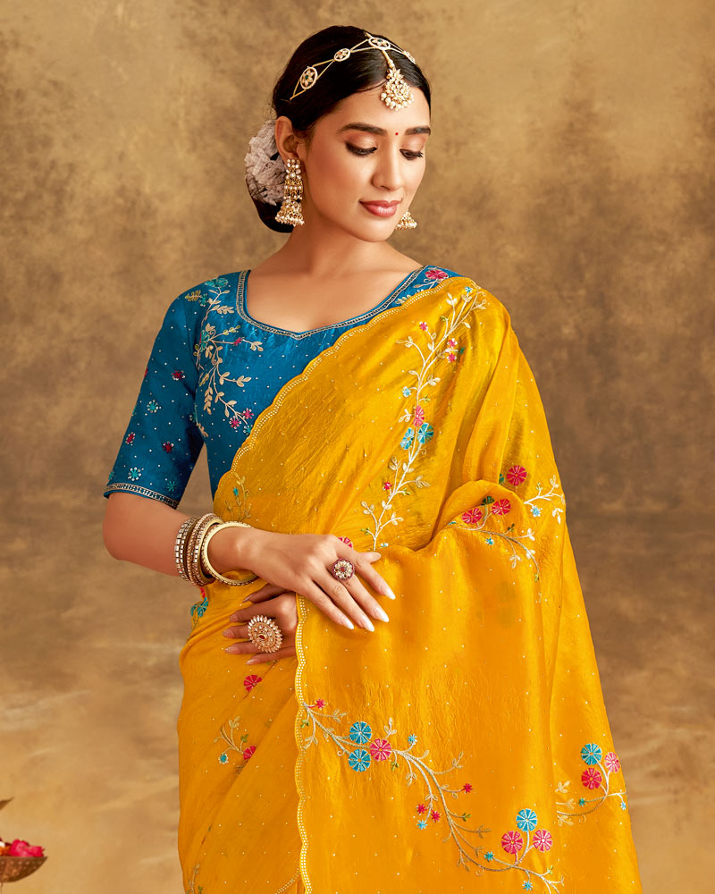 Vishal Prints Mustard Yellow Designer Crushed Tissue Saree With Embroidery-Diamond Work And Cut Work Border